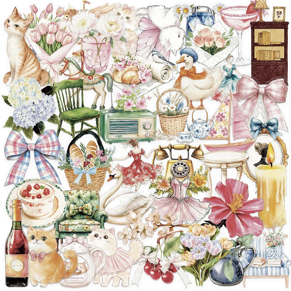 

10/30/50pcs Transparent Cartoon Girl Garden Stickers Retro Aesthetic Art Sticker DIY Notebook Luggage Phone Graffiti Decals Pack