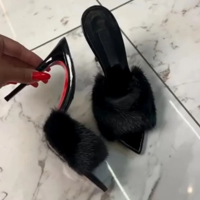 Arden Furtado Summer Pink fur Peep toe Slippers Pointed toe pull-on Super high heel Sexy Word slippers Catwalk shoes - view 5