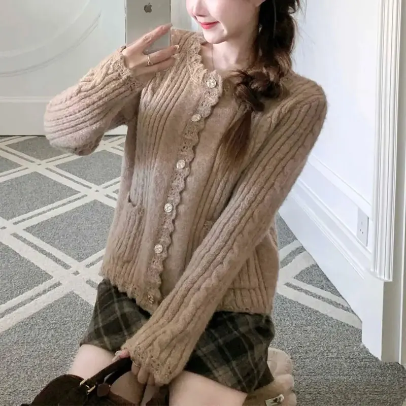 

Stylish Vintage Solid Color Casual Sweaters Female Clothing Round Neck Autumn Winter Long Sleeve Korean Button Knitted Cardigan