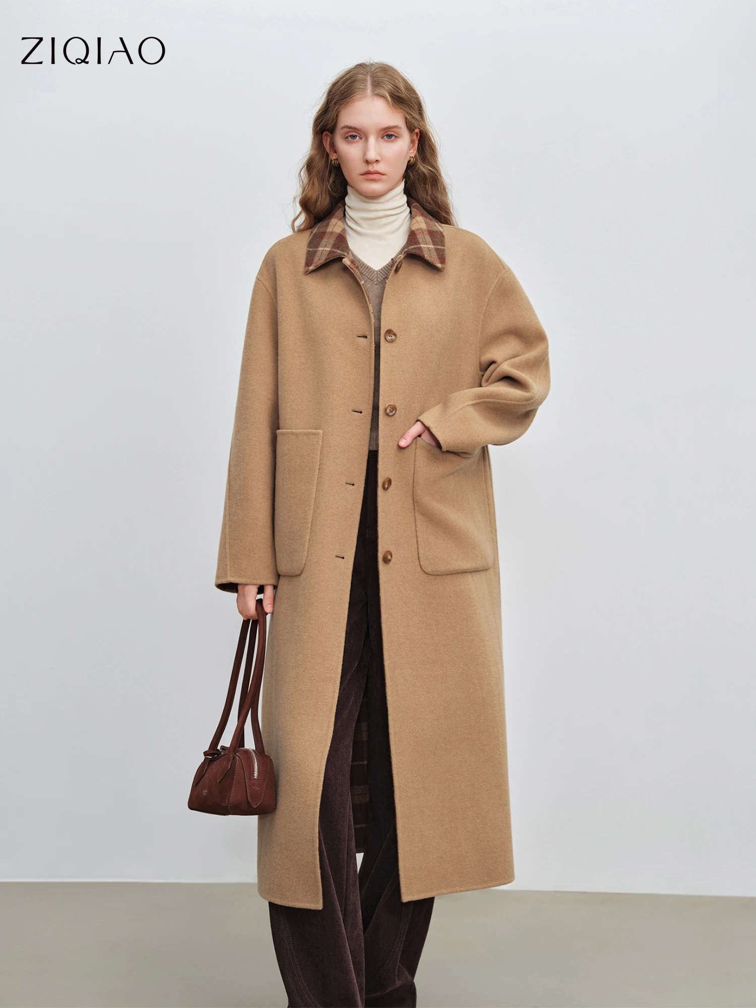 

ZIQIAO женское двустороннее шерстяное пальто, новый стиль 2025, двустороннее клетчатое ретро, нежное французское консервативное пальто длиной до середины икры