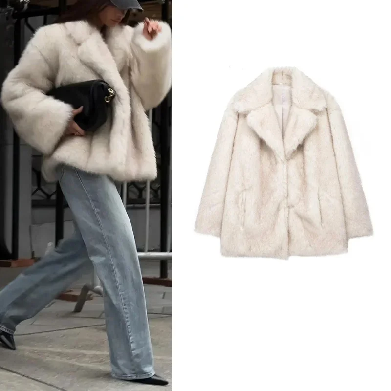 Solid Fluffy Faux Fur Thick Coat Women Fashion Warm Lapel Long Sleeve Short Jacket 2024 Autumn Winter Lady High Street Outerwear