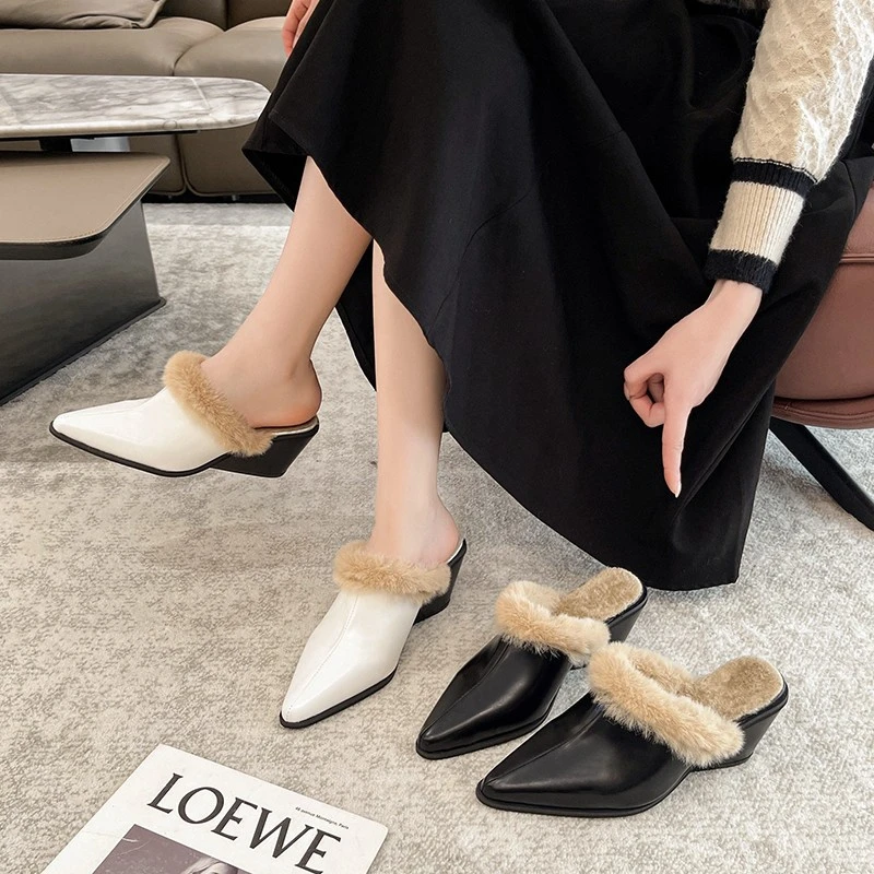 2025 Winter New Furry Wedge Heel Slippers - Pointed Toe Warm Comfortable Versatile Slip-On For Outdoor Wear