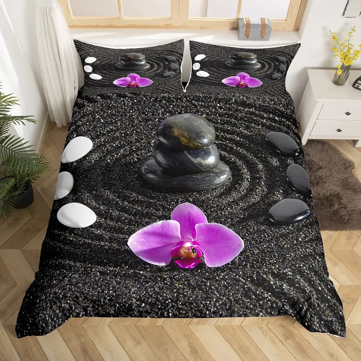 Zen Duvet Cover Set Sandy Beach Meditation Bedding Set Zen Stones Comforter Cover Tranquil Nature Artwork Quilt Cover Full Size