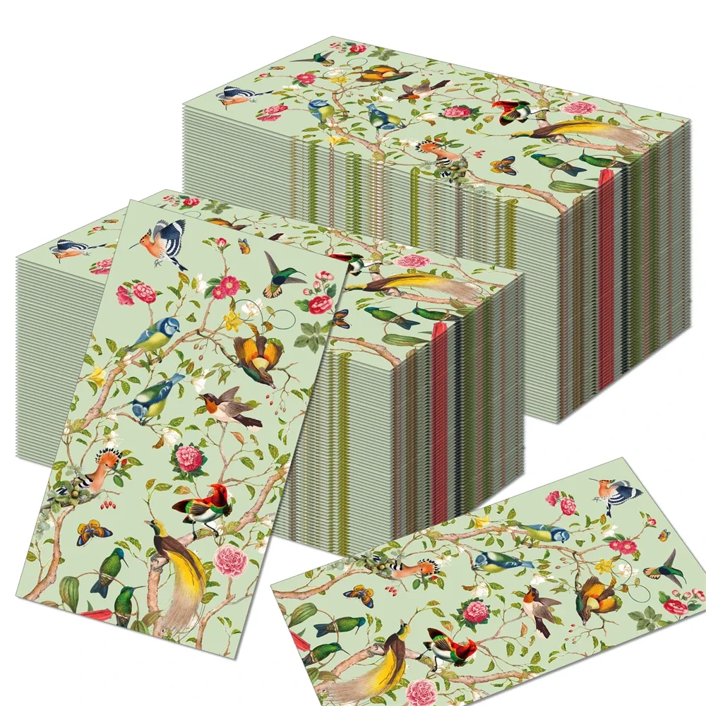 100PCS Green Flower Bird Paper Napkins 2-Ply Disposable Guest Napkins Luncheon Dinner Paper Towels For Wedding Cocktail Party