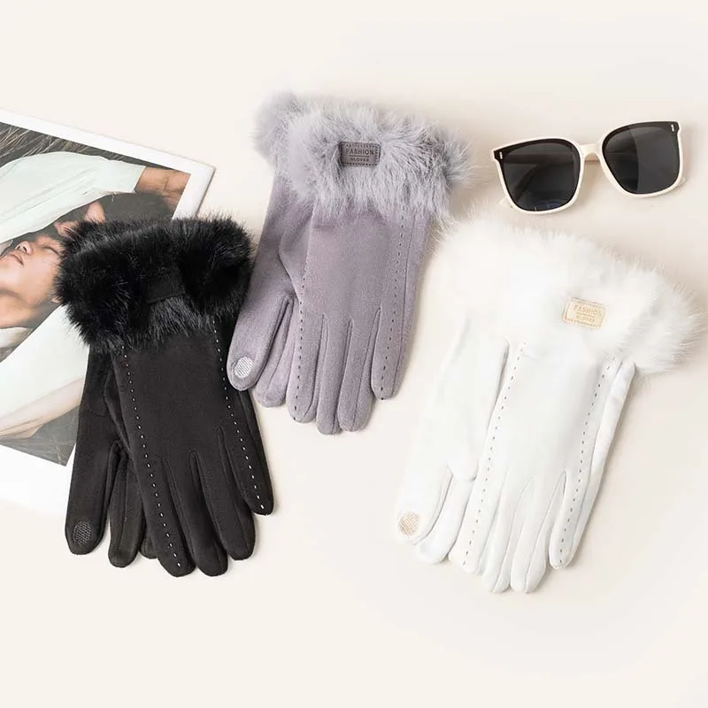 Autumn and Winter Velvet Mouth Gloves New Solid Color Simple Cloth Label Sensation Suede Velvet Thread Design Warm Gloves