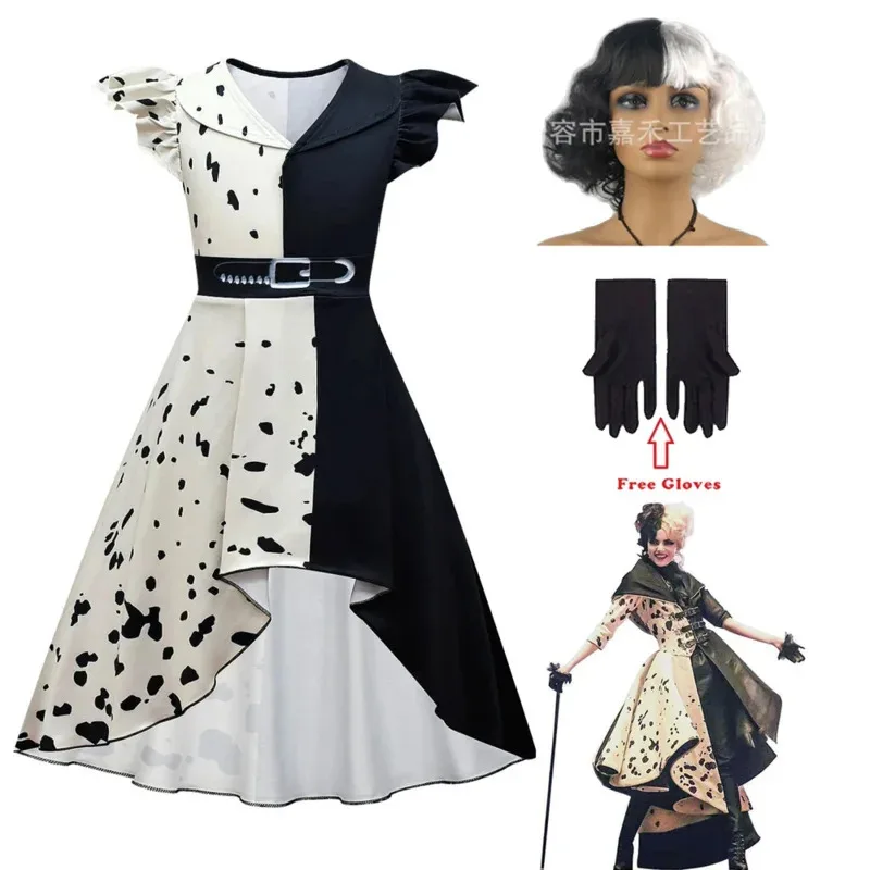

Girls Villains CruellaING Deville Dress Up Costume Kids Movie Halloween Cosplay Outfit with Gloves Wig Birthday Christmas Gift