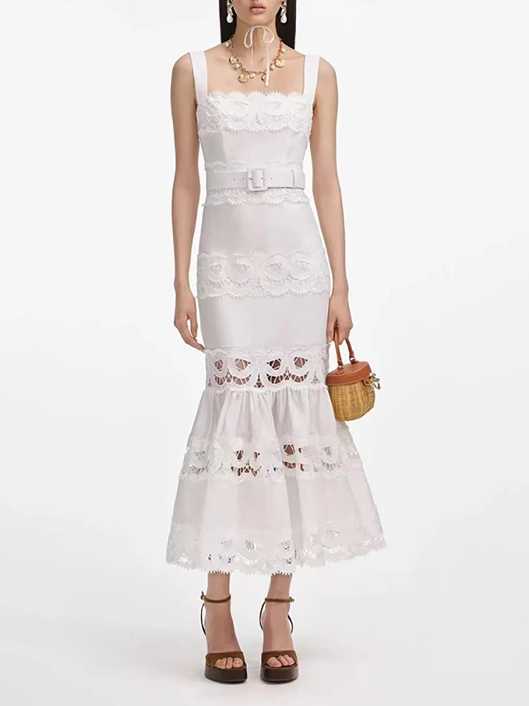 

Sexy Square Neck Hollow Out Hollow Out Long Dress Women White Sleeveless Cut Out Lace A-line Dresses Evening Party Gowns