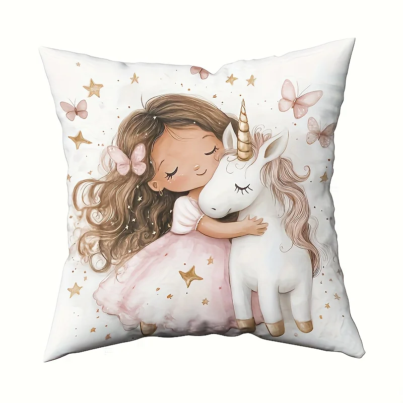 1pc Girl Hugging Unicorn Themed Printed Throw Pillow Cover, Suitable for Sofa,Bedroom,Living Room,a Dreamy Gift for Little Girls