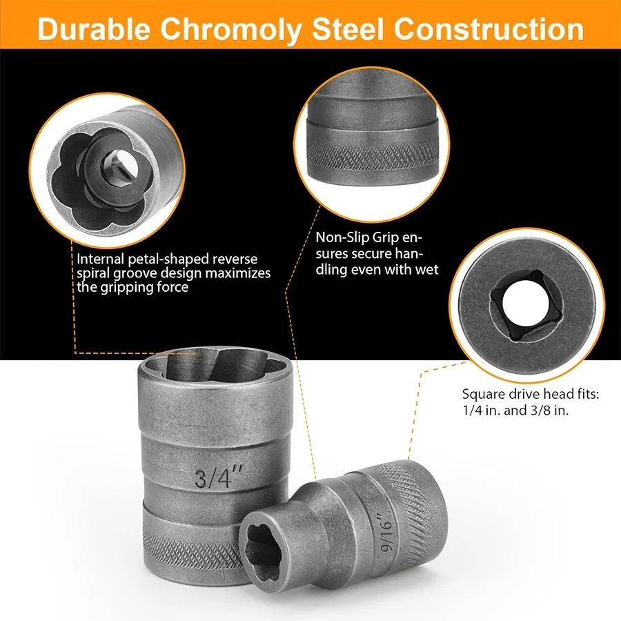 1+1 piece striped bolt extractor socket set, designed for removing damaged, rusted or rounded bolts and nuts, including 1/4 inch and 3/8 inch rounded bolt extractors and adapters