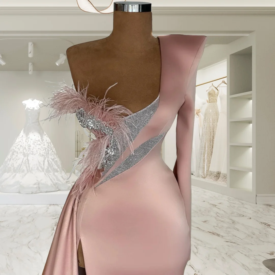 One Shoulder Sequined Women Evening Dress Long Feathered High Side Slit Maxi Custom Made Party Gown Luxury Cocktai Robe De Sorie