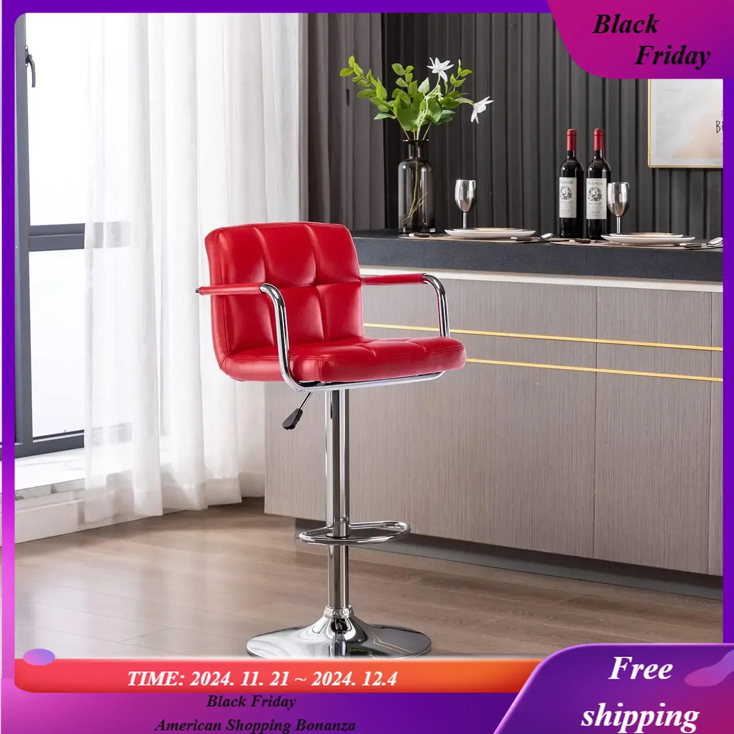 Modern PU Leather Square Bar Stool, Adjustable Swivel Barstool with Back and Arms, Airlift Counter Height