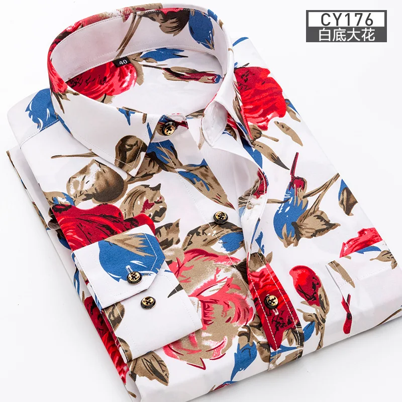 Spring Men's White Floral Long-Sleeve Shirt, Single-Breasted Polka Dot Print Decorative Shirts, Asian Sizes M-5XL. New 2026