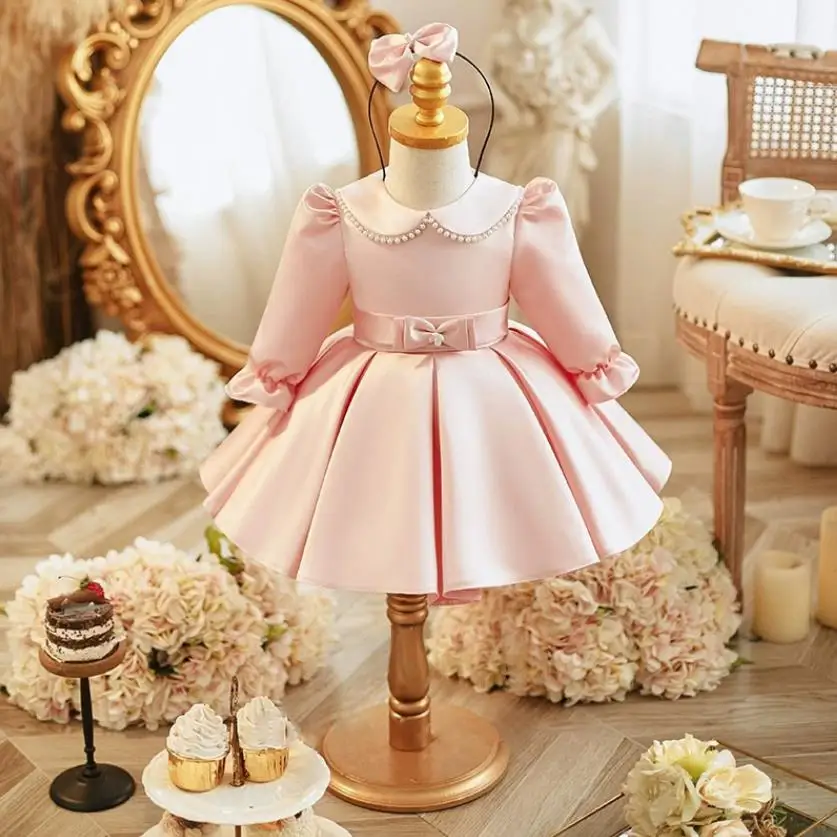 

2024 New Children's Princess Ball Gown Bow Pearls Long Sleeve Design Kids Wedding Birthday Baptism Party Dresses For Eid A3640