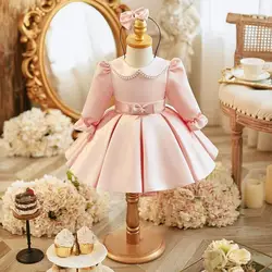 2024 New Children's Princess Ball Gown Bow Pearls Long Sleeve Design Kids Wedding Birthday Baptism Party Dresses For Eid  A3640