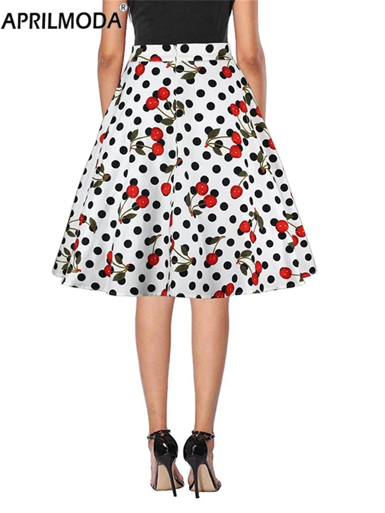 Vintage Spódnice z wysokim stanem dla kobiet White Cherry Polka Dot Print 50s 60s Pinup Rockabilly 2024 Fashion Summer Midi Skirt Buttons