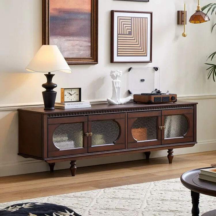 French solid wood TV cabinet, household small apartment glass storage floor cabinet, living room retro storage audio-visual cabi