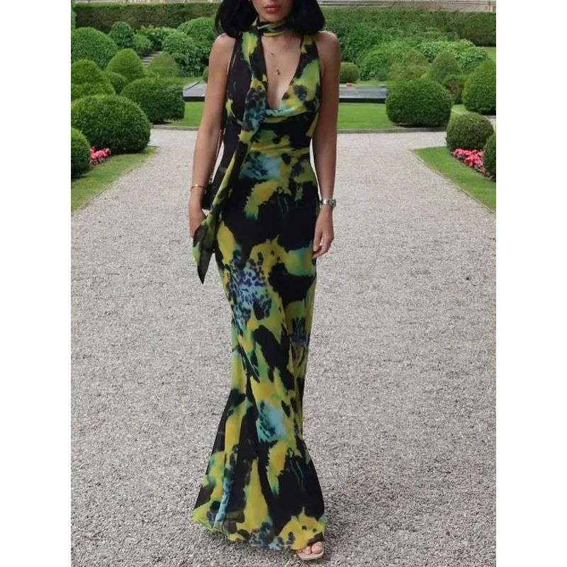 Women's Sleeveless Long Dress Scarf Decoration Mid-Length Fashion Print Beach Holiday Evening Gown 2025 New Style
