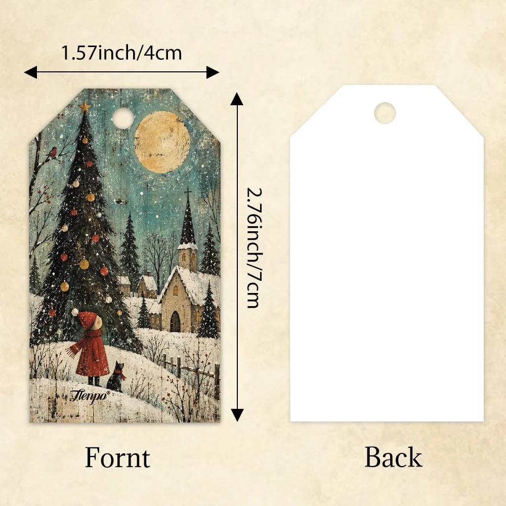 40pcs, Gift Tags, Vintage Folk Santa Village Scene, Hanging Paper Labels for Gift Wrapping, Holiday Party Decor with String