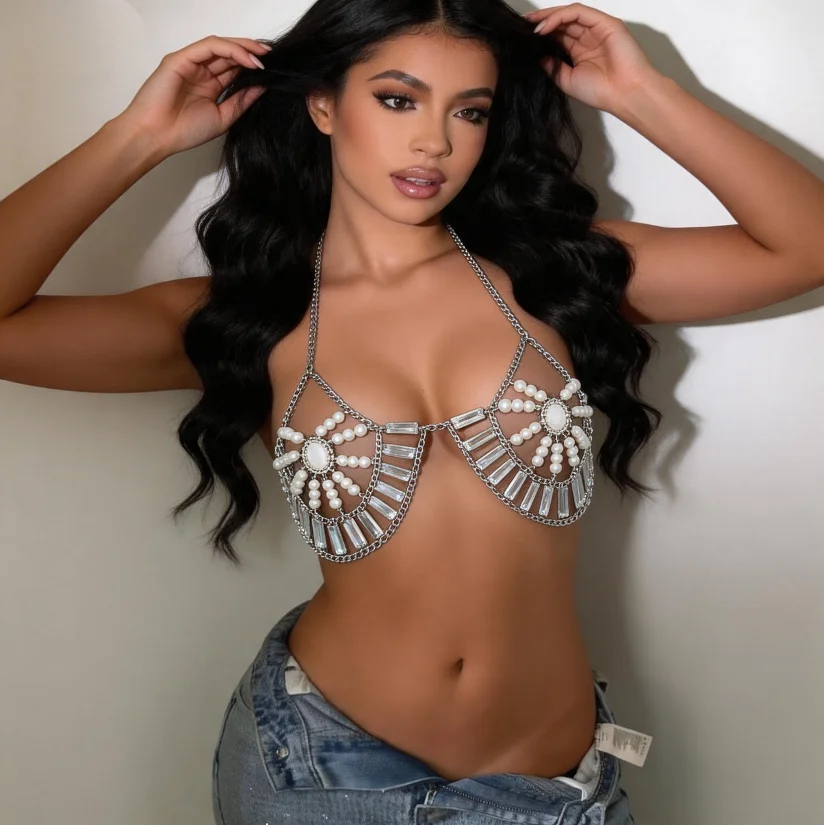 European And American Sexy Corset Acrylic Sequin Handmade Splicing Suspender Music Festival Party Top Beach Chest Chain