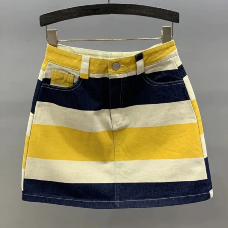 High-waisted slim striped floral denim short skirt for women new summer fashion A-line personalized skirt minigonna cortissima