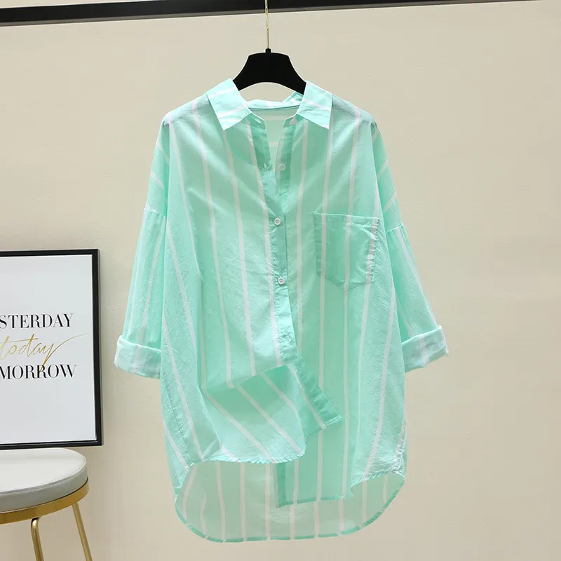 Women\'s 2024 New Summer Shirts Vertical Striped Sunscreen Shirt Spring Loose Casual Yellow Green MidLlength Shirt Top Female