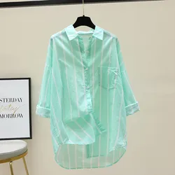 Women's 2024 New Summer Shirts Vertical Striped Sunscreen Shirt Spring Loose Casual Yellow Green MidLlength Shirt Top Female