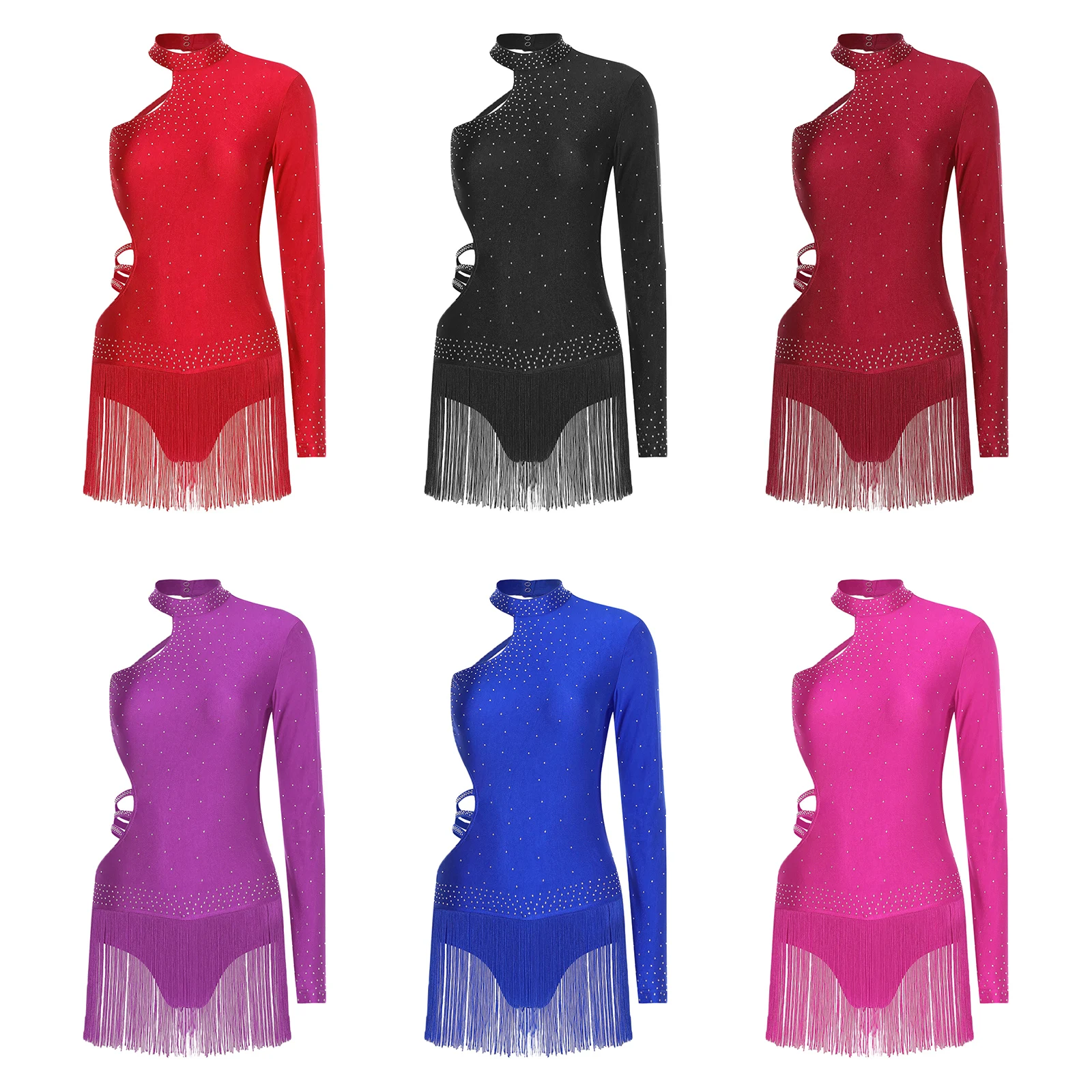 Womens Latin Jazz Dance Leotard Dress Single Long Sleeve Ballerina Costume including Backless Design Tassel Skirted Bodysuit