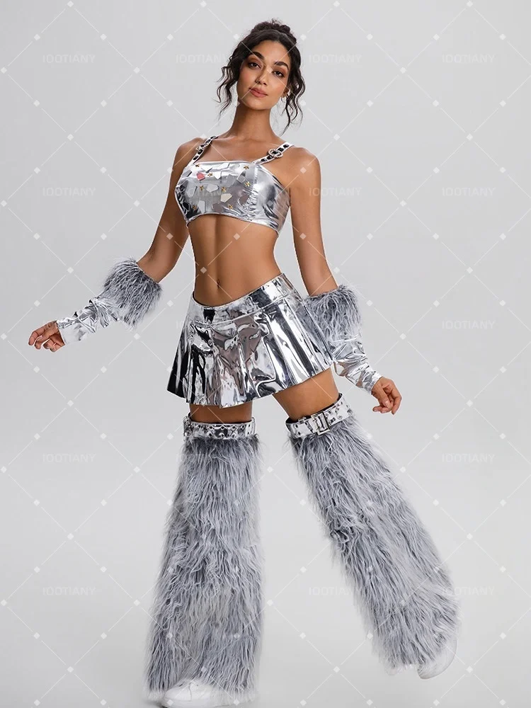 Shiny Metallic Silver Rave Dress Rave Music Festival Suit Clubwear Faux Fur Leg Warmers Arm Warmers Crop Top Pleated Mini Skirt view 5