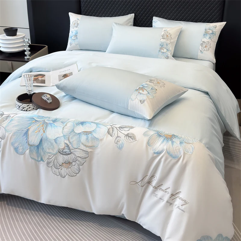 

Комплект постельного белья с вышивкой небесно-голубыми цветами, роскошный, 4 предмета, из египетского хлопка: пододеяльник, простыня, наволочки, однотонный, домашний текстиль