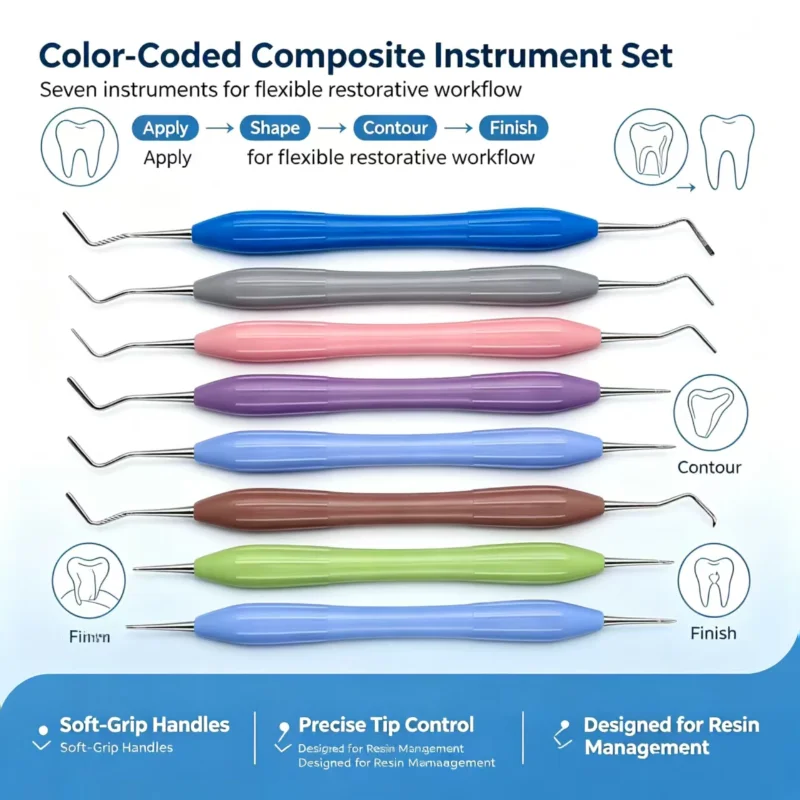 7Pcs/Set Dental Composite Material Dental Filling Instruments Resin Filler Kit with Dinfection Box Silicone Handle Dentist Tools