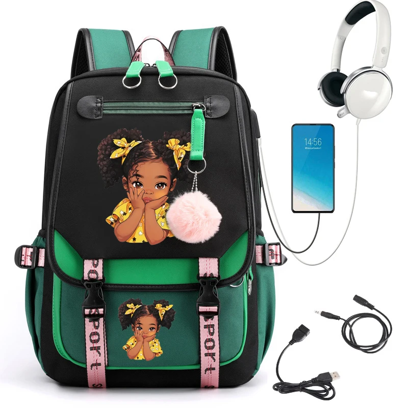 Mochila impressão menina preto Multicolor, saco bonito da escola dos desenhos animados, para os adolescentes, bookbag, laptop