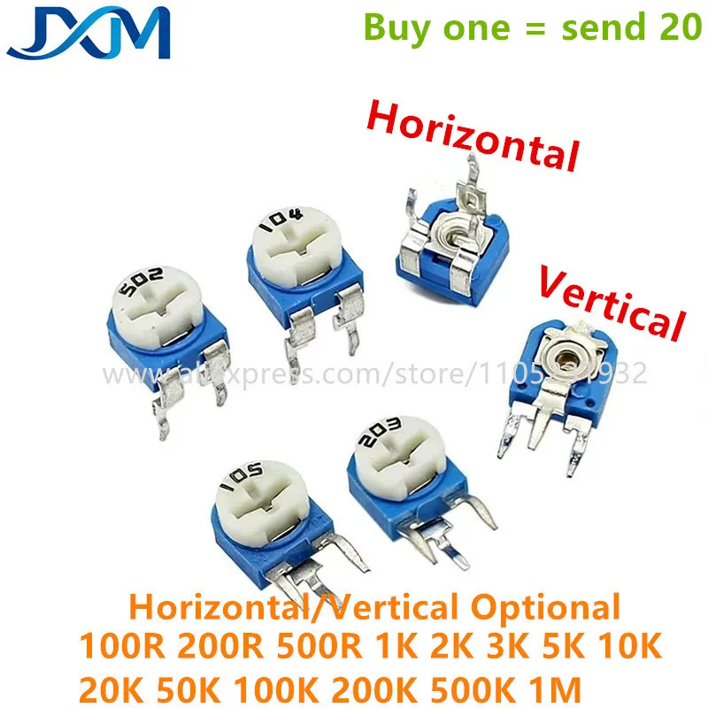 20pcs/lot RM065 RM-065 Adjustable Resistance 100R~1M Potentiometers 1 5K 10K 20K 50K 100K 500K Variable Resistors