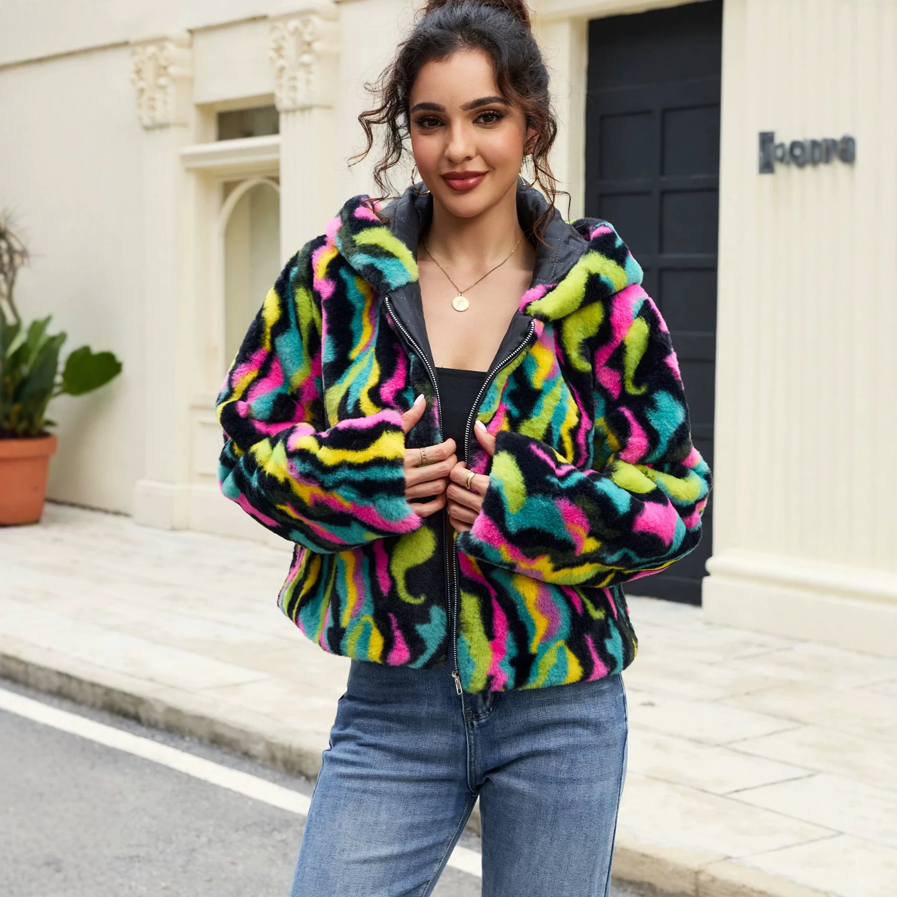 Women Camouflage Print Jacket Faux Rabbit Fur Hooded Coat Loose Long Sleeve Y2k Streetwear Outerwear Thick Warm Autumn Winter