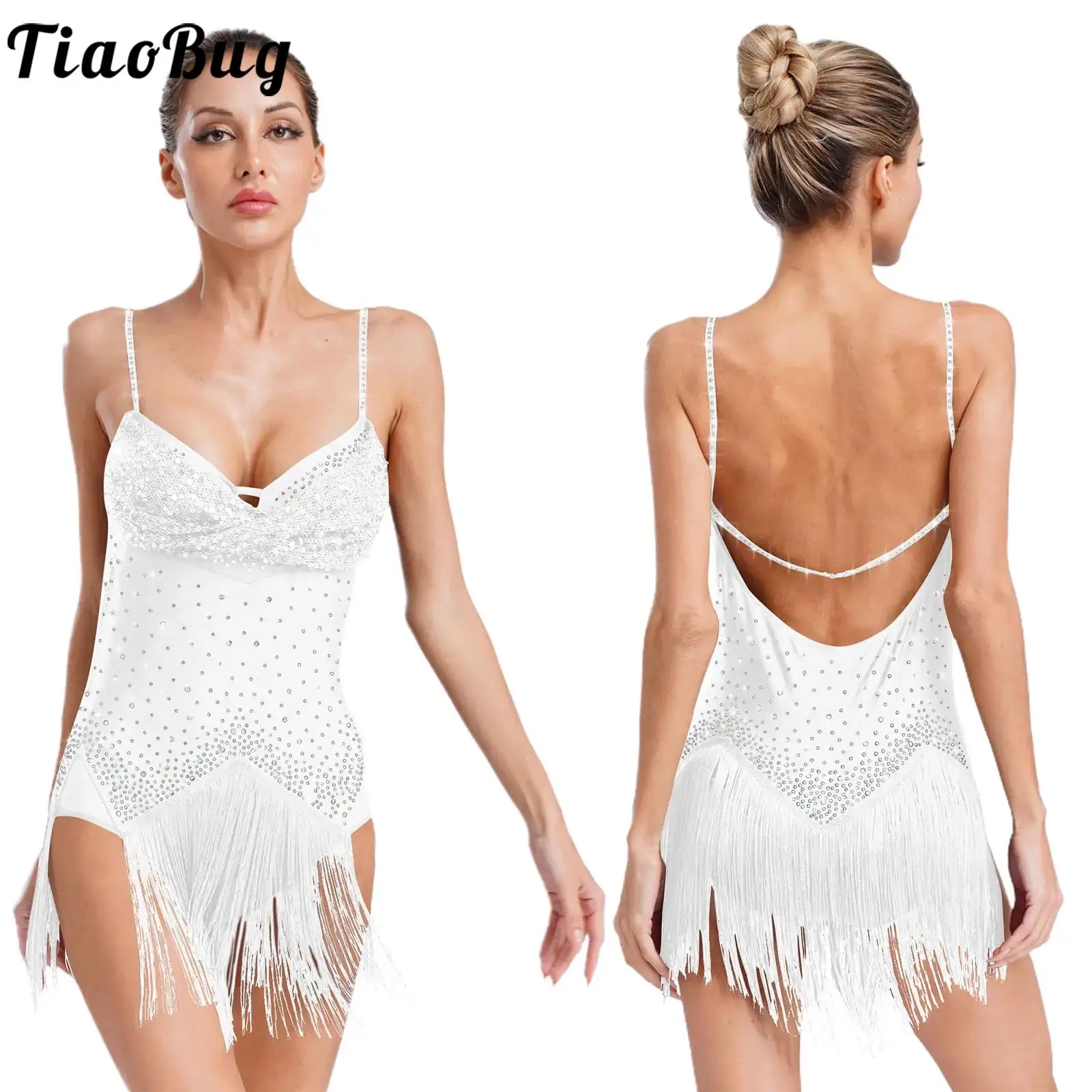 

Women Latin Chacha Dance Leotard Dresses Rhinestones Fringe Skirted One Piece Sling Bodysuit for Salsa Samba Tango Ballroom Wear