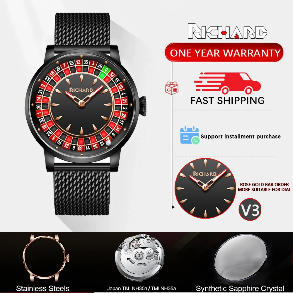 Richard V3 Jacob CO Mechanical Mens Watches NH35 Movement Arabic numerals Rotating Dial Roulette Automatic Watch Men