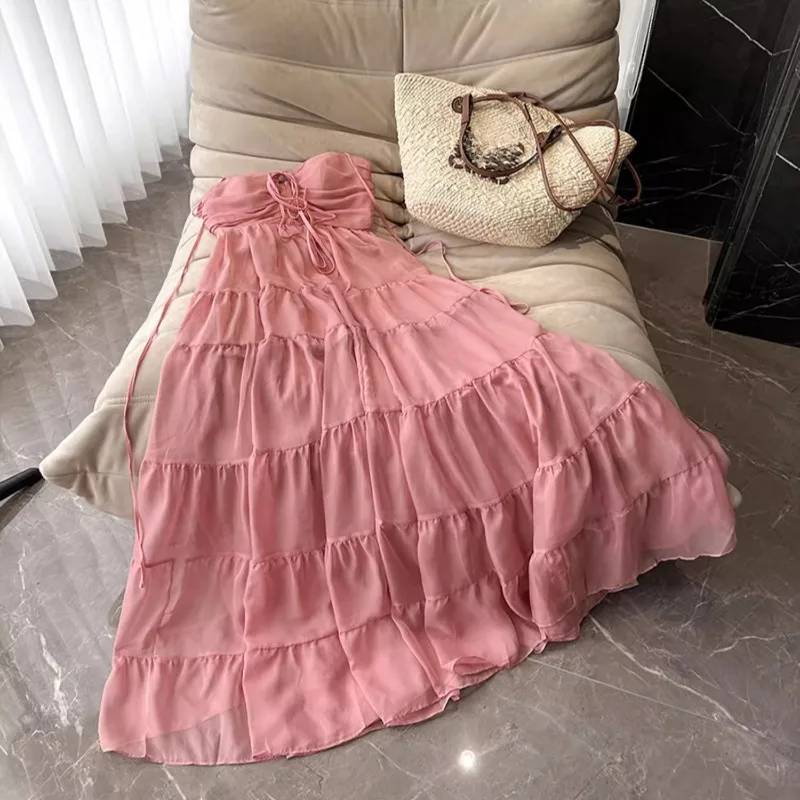 Amarelo em camadas babados vestido elegante feminino sem mangas sem costas verão férias vestidos bodycon festa à noite roupas amarradas