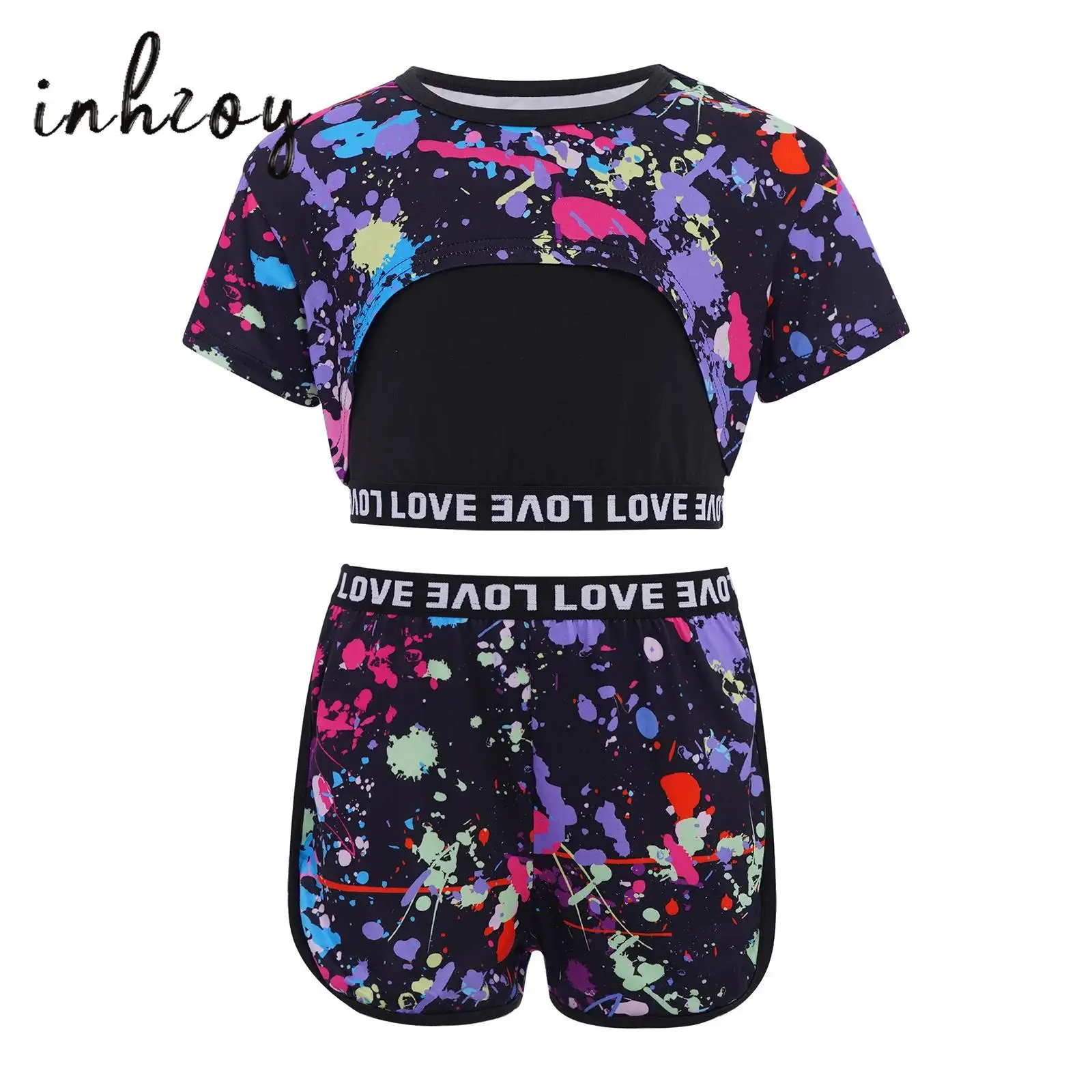 

Kids Girls Graffiti Printed Sports Suit Summer Swimming Beachwear Short Sleeve Asymmetrical Hem Crop Top+Camisole+Shorts Outfit