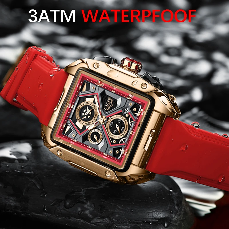 LIGE Luxury Men\'s Quartz WristWatch Big Watches For Men Fashion Sport Red Rubber Strap watch Cool 30M Waterproof Skeleton Watch