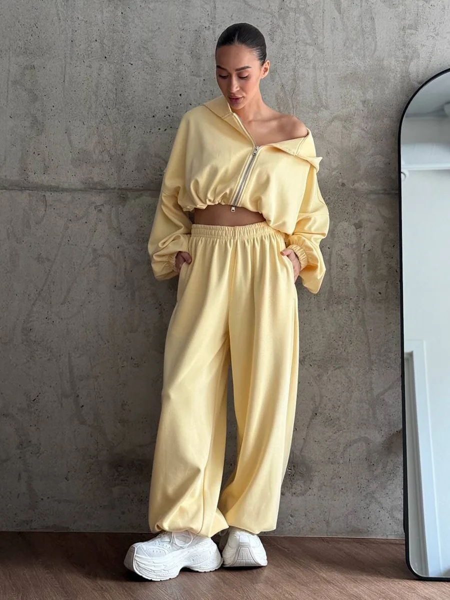 

Sumuyoo Women's New Autumn Zip Up Hooded Set Crop Top Drawstring Cuffed Sweatpants Loose Fit Streetwear Fashion Pant Sets