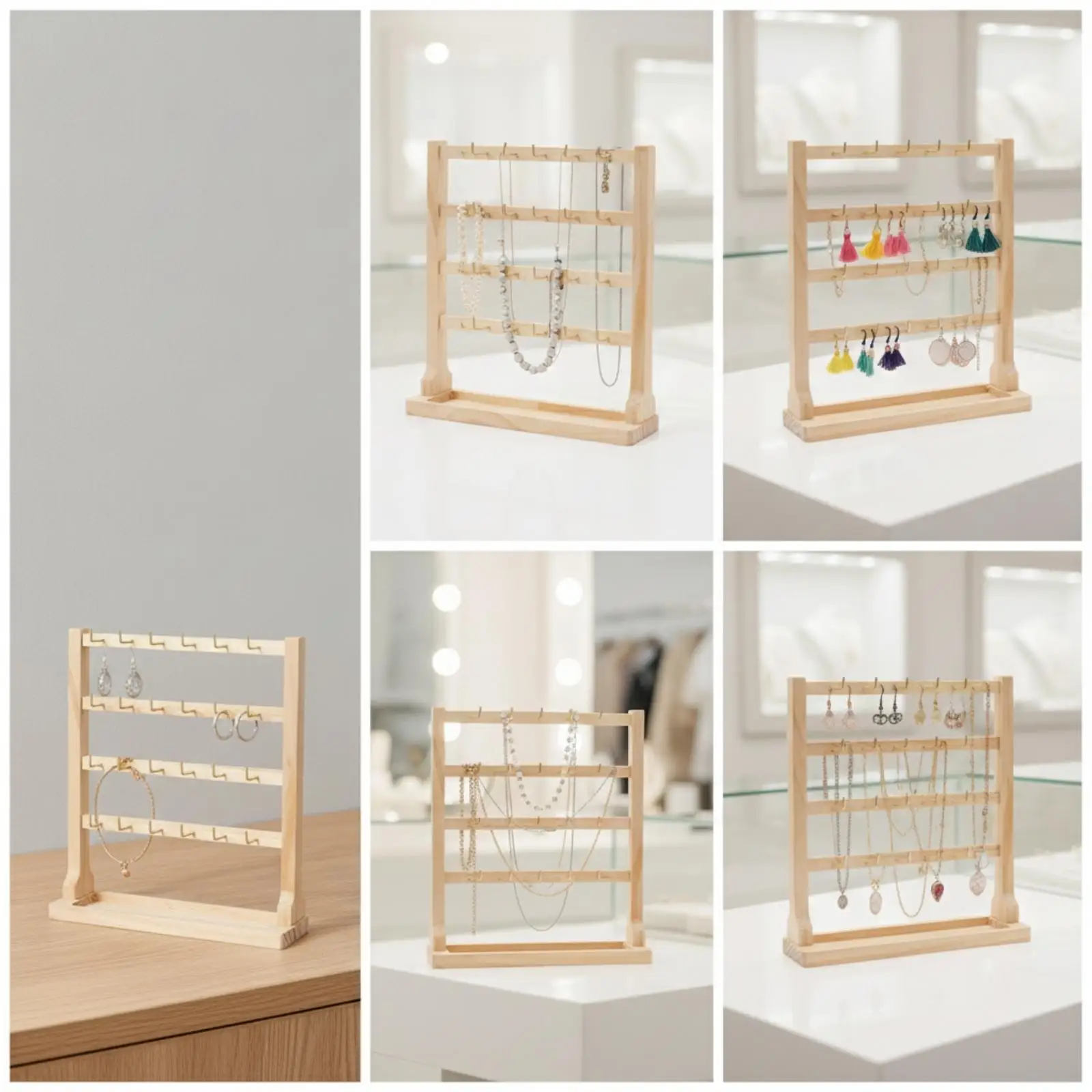 Space Saving Solid Wood Jewelry Display Rack for Earrings Necklaces Bracelets Vanity Counter Organizer