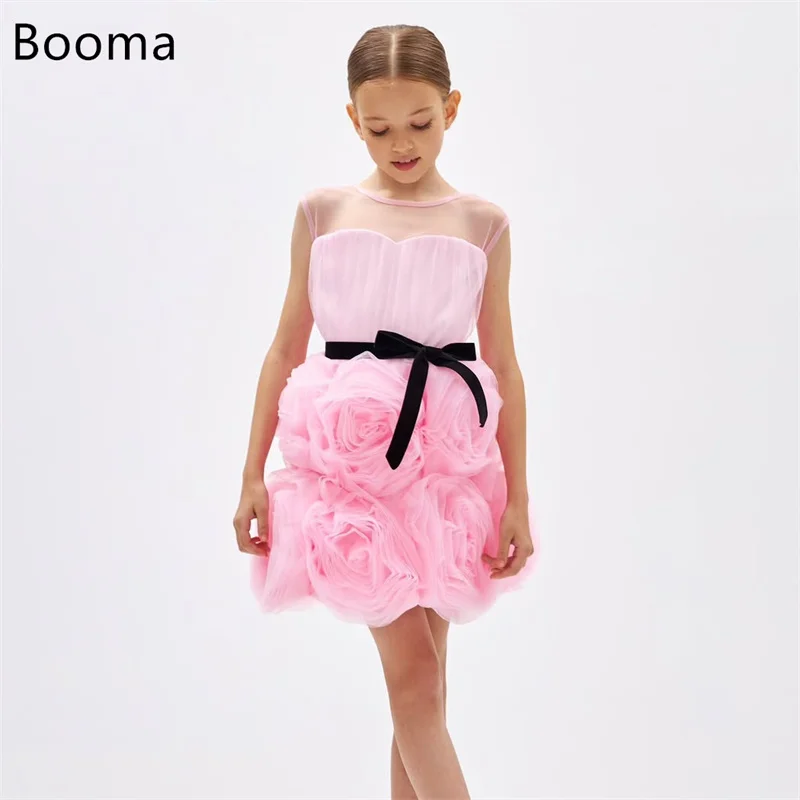 

Booma Flowers Girl Dresses Organza Wedding Party Dress for Kids Short 3D Flowers Girls Prom Gowns Customized