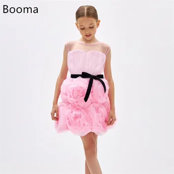 Booma flores menina vestidos organza vestido de festa de casamento para crianças curto 3d flores meninas vestidos de baile personalizado