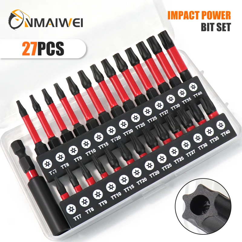 27pcs Security Torx Screwdriver Bit Set TT7-TT40 25/50mm Magnetic Torx Head Insert Bits with Impact Magnetic Bit Holder