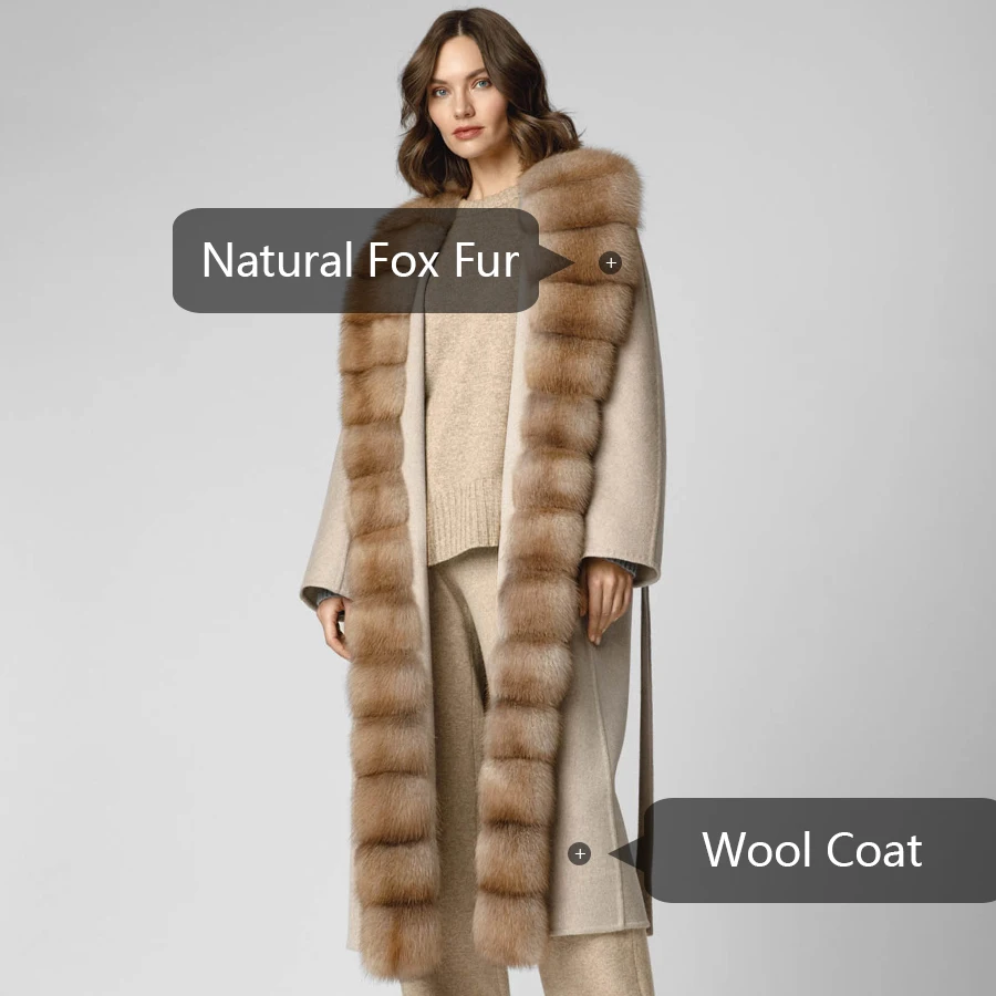 Women's Winter Jacket Real Fox Fur Coat Cashmere Wool Coat With Natural Fur Collar Best Selling Wool Blends Coat