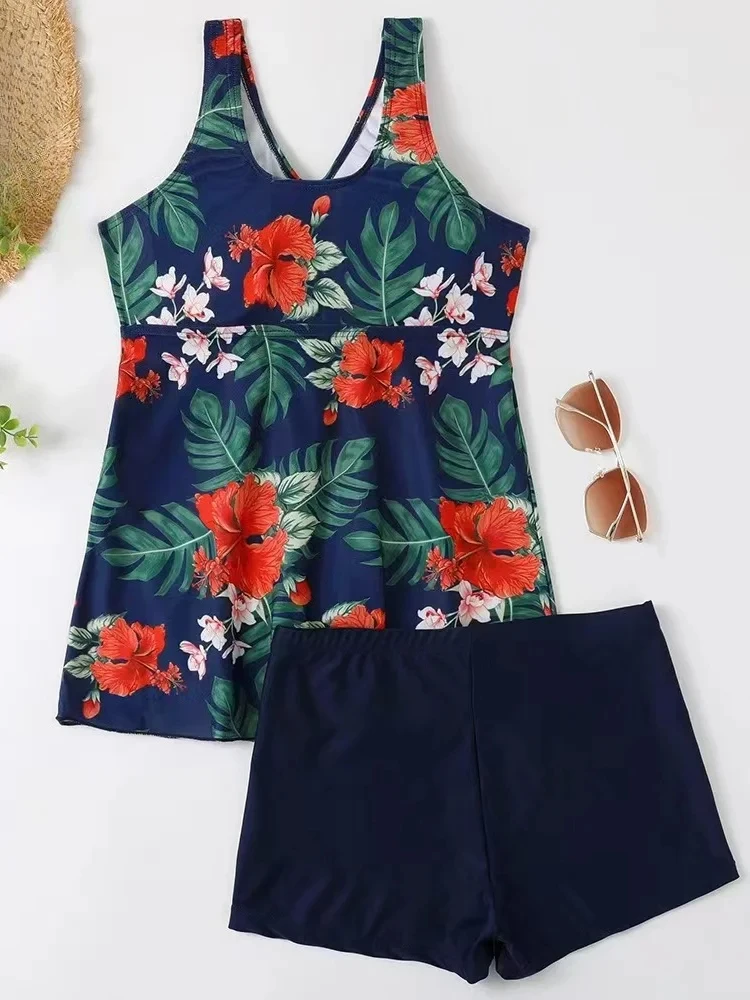 2026 new two-piece swimsuit women's printed suspender pleated belly swimsuit summer black shorts beach swimsuit