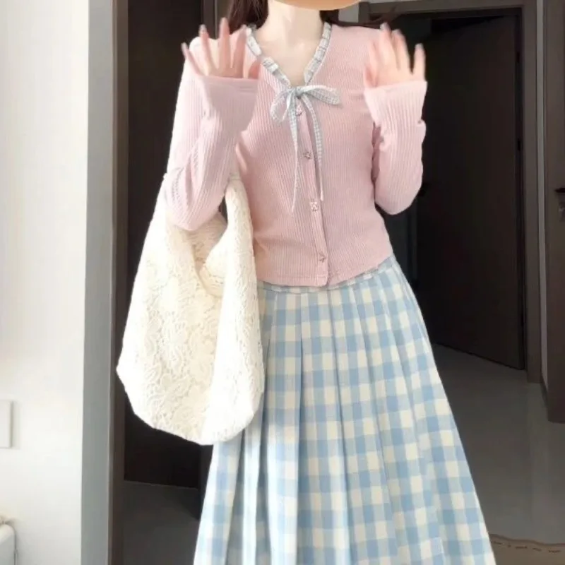 

Women's Spring Autumn Sweet Pink Bowknot Sweater Cardigan Plaid Skirts Two Piece Suits Lady Graceful Knit Tops Midi Skirt Outfit