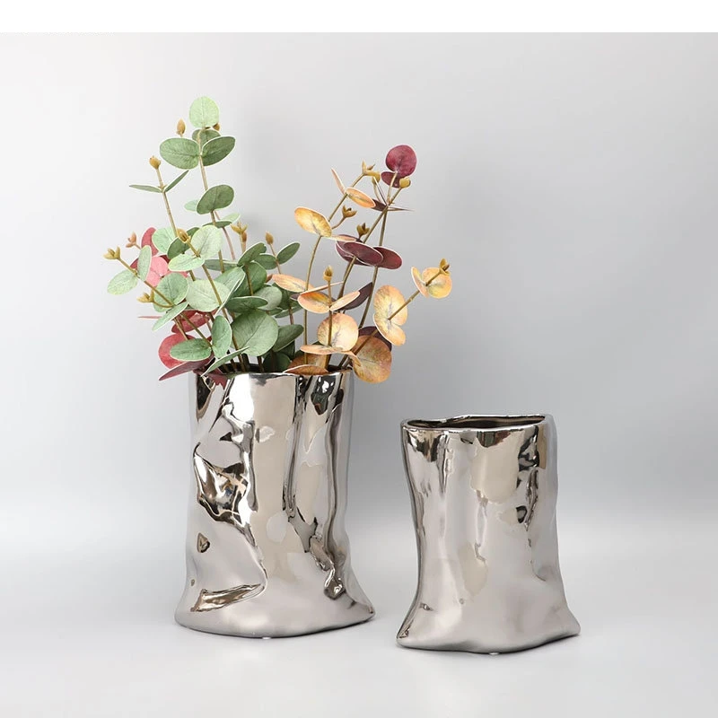 Silver Ceramic Vase Bag Shape Artificial Flowers Decorative Flower Arrangement Terrarium Home Decoration Vases Pots