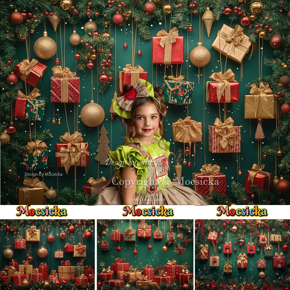 Mocsicka Christmas Gift Wall Backdrop Photography Golden Xmas Ball Green Wreath Glittering Backdrop Winter Children Photobooth