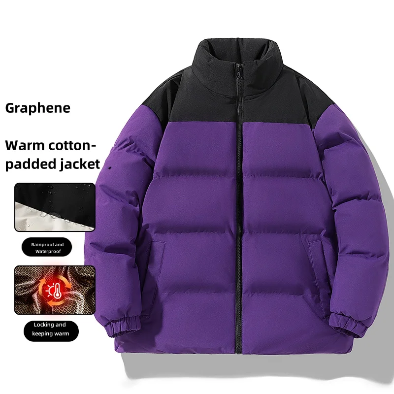 2024 Winter Jacket Men\'s Fashion Splicing Graphene Warm Short Coat Women Outdoor Snow Stand Collar Windproof Down Cotton Parka