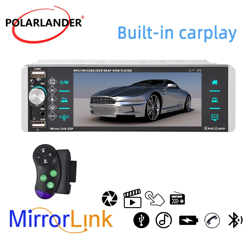 PolarLander  MP4 Mirrorlink Car Multimedia Player Bluetooth 1 Din Carplay/Android Auto 4-USB MP5 5.1 Inches FM Touch ​Screen